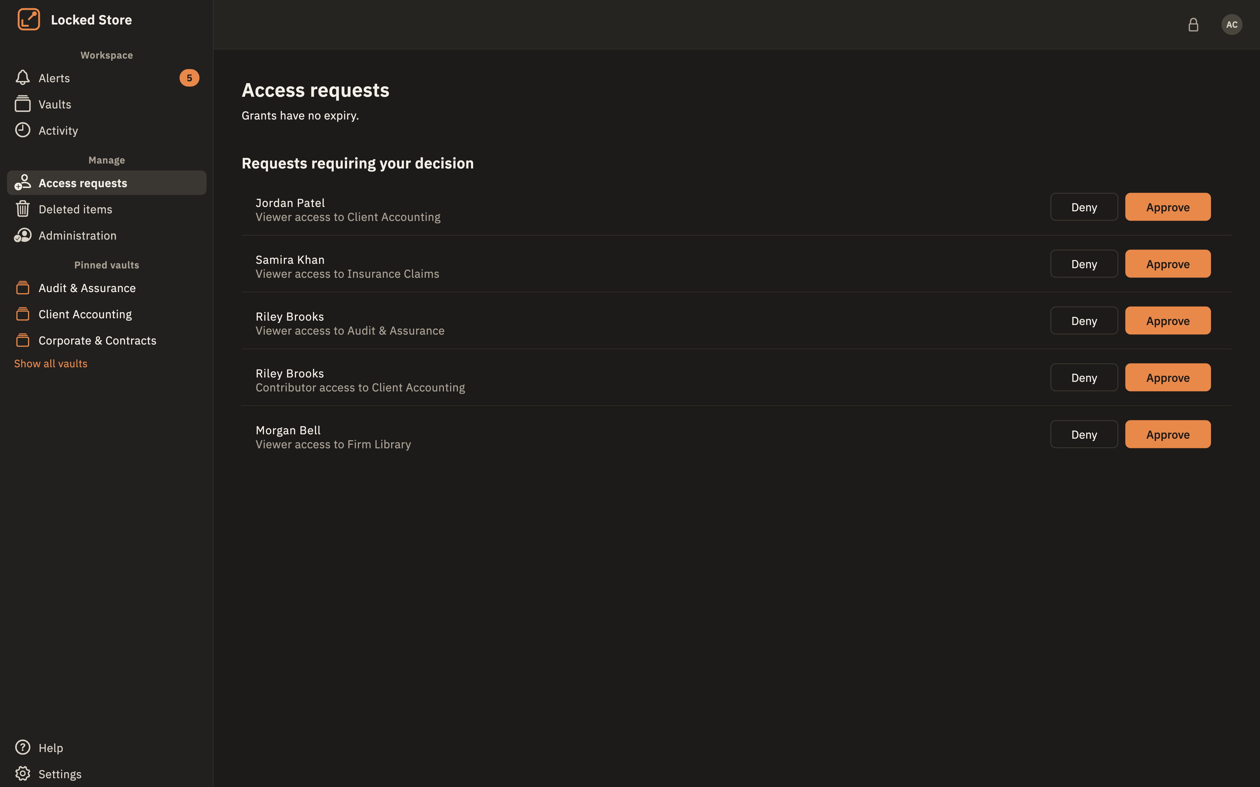 Locked Store desktop app showing access requests awaiting approval.