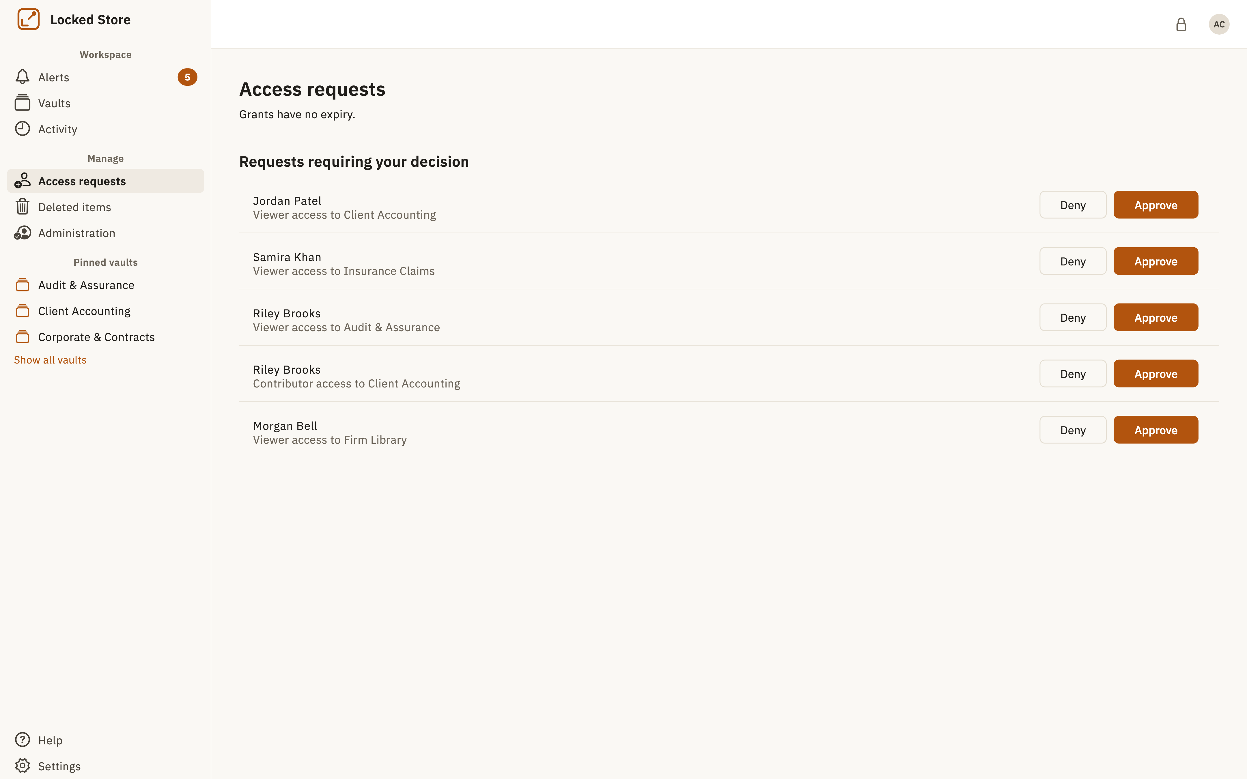Locked Store desktop app showing access requests awaiting approval.