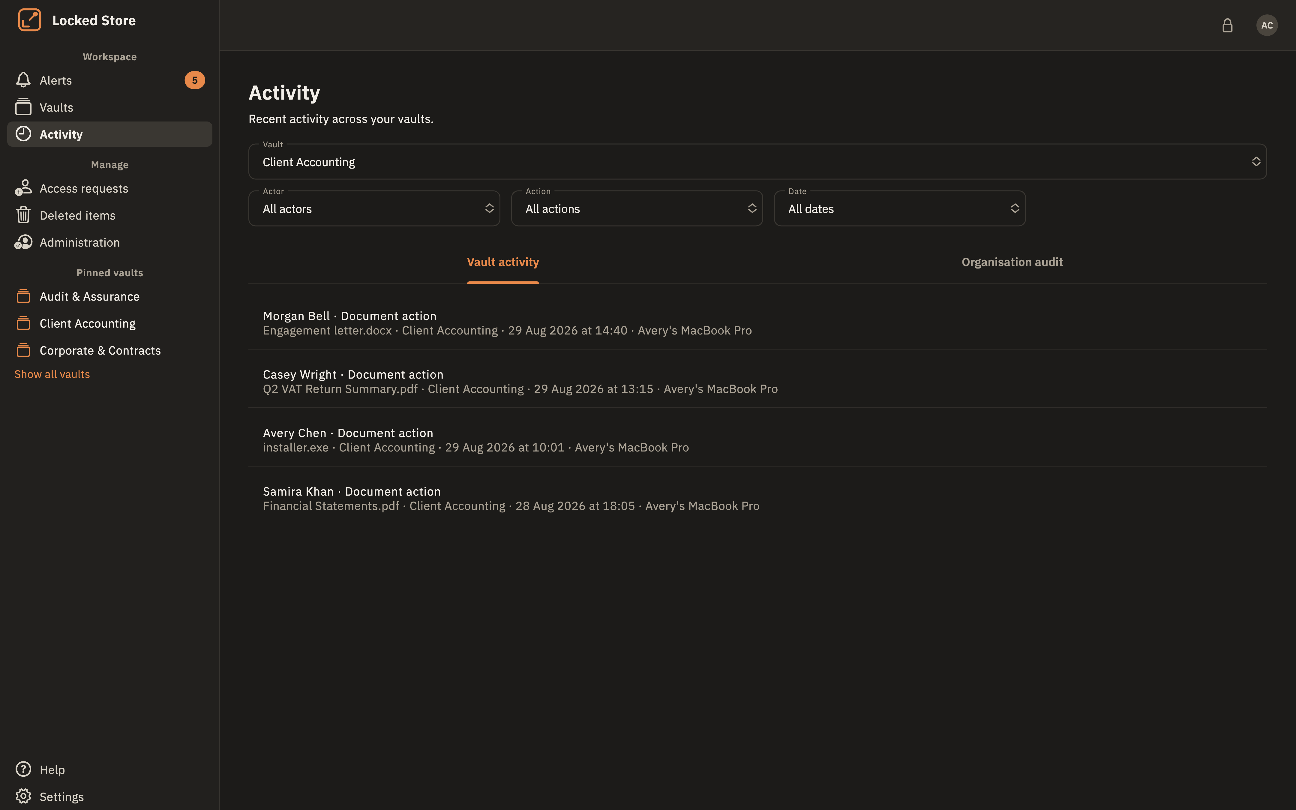 Locked Store desktop app showing recent vault activity with actor, action and date filters.