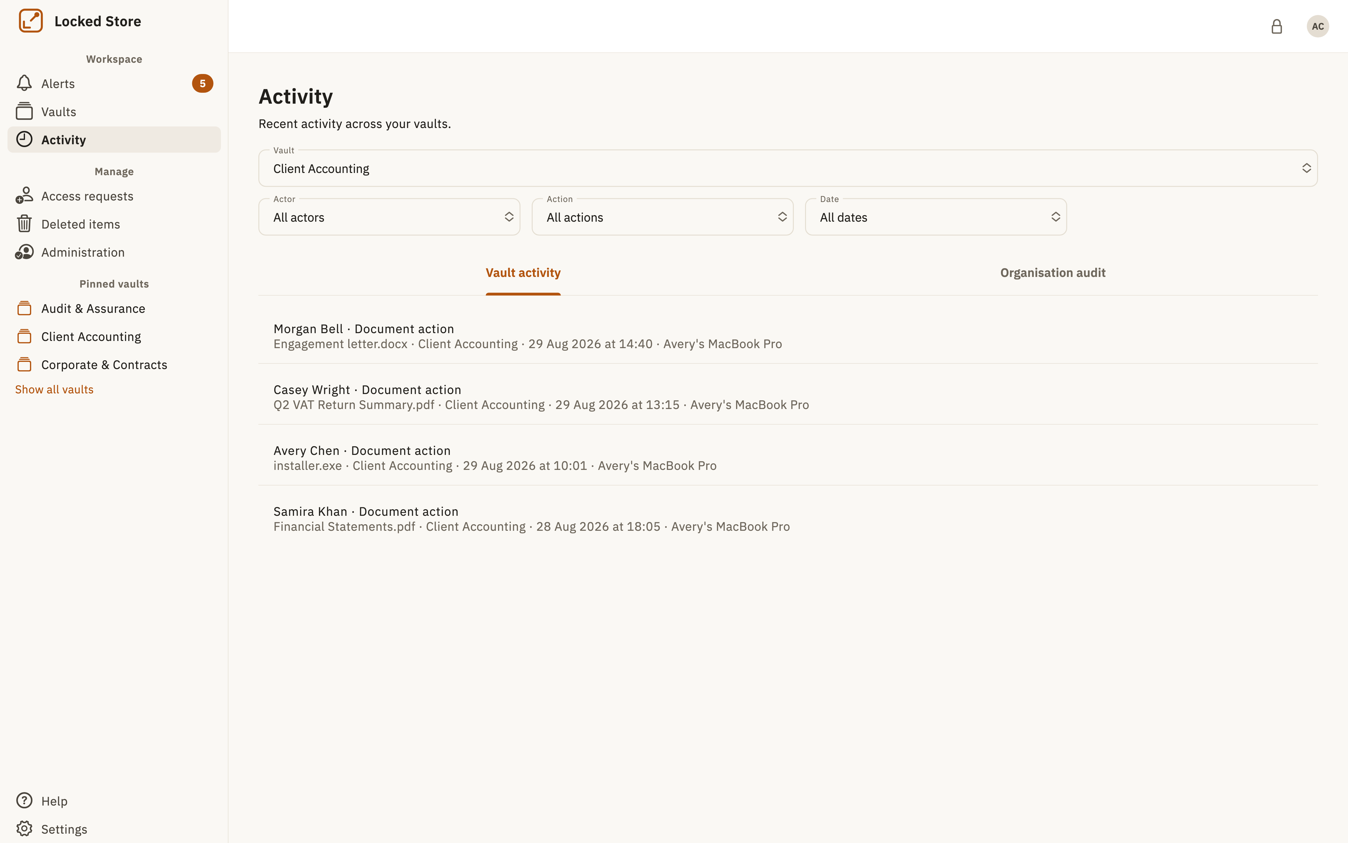 Locked Store desktop app showing recent vault activity with actor, action and date filters.