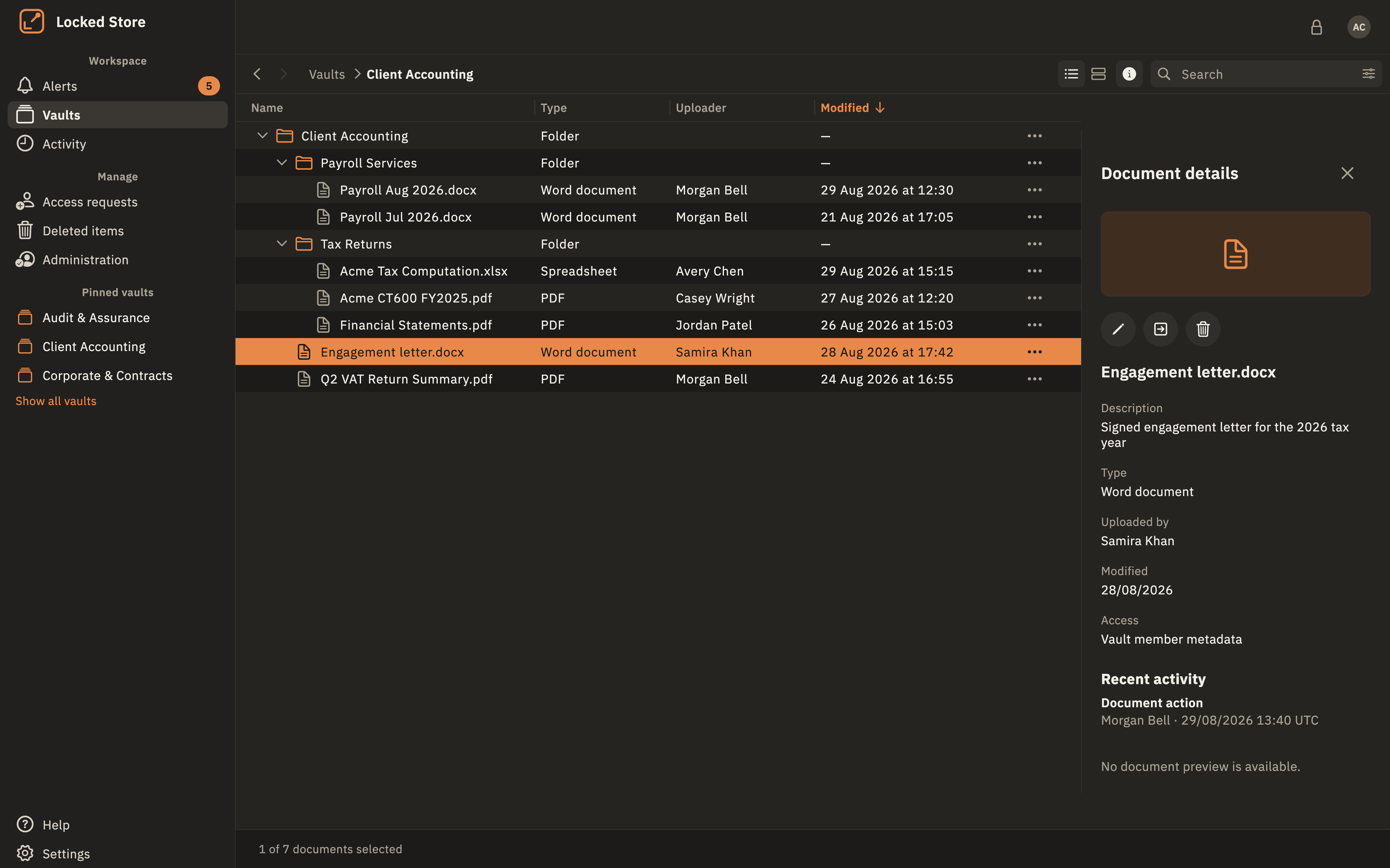 Locked Store desktop app showing document details and recent activity.