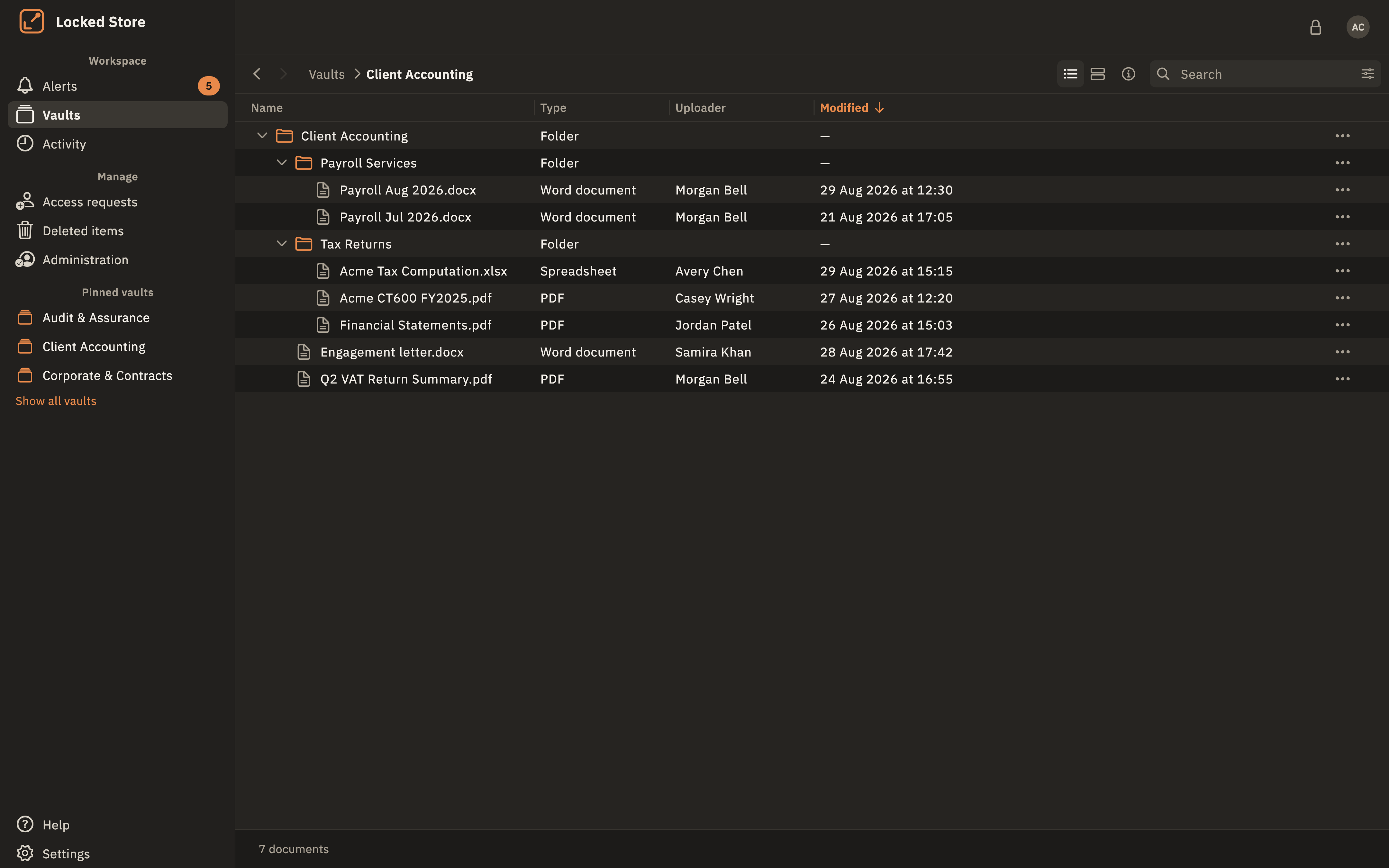 Locked Store desktop app showing the files inside a vault.