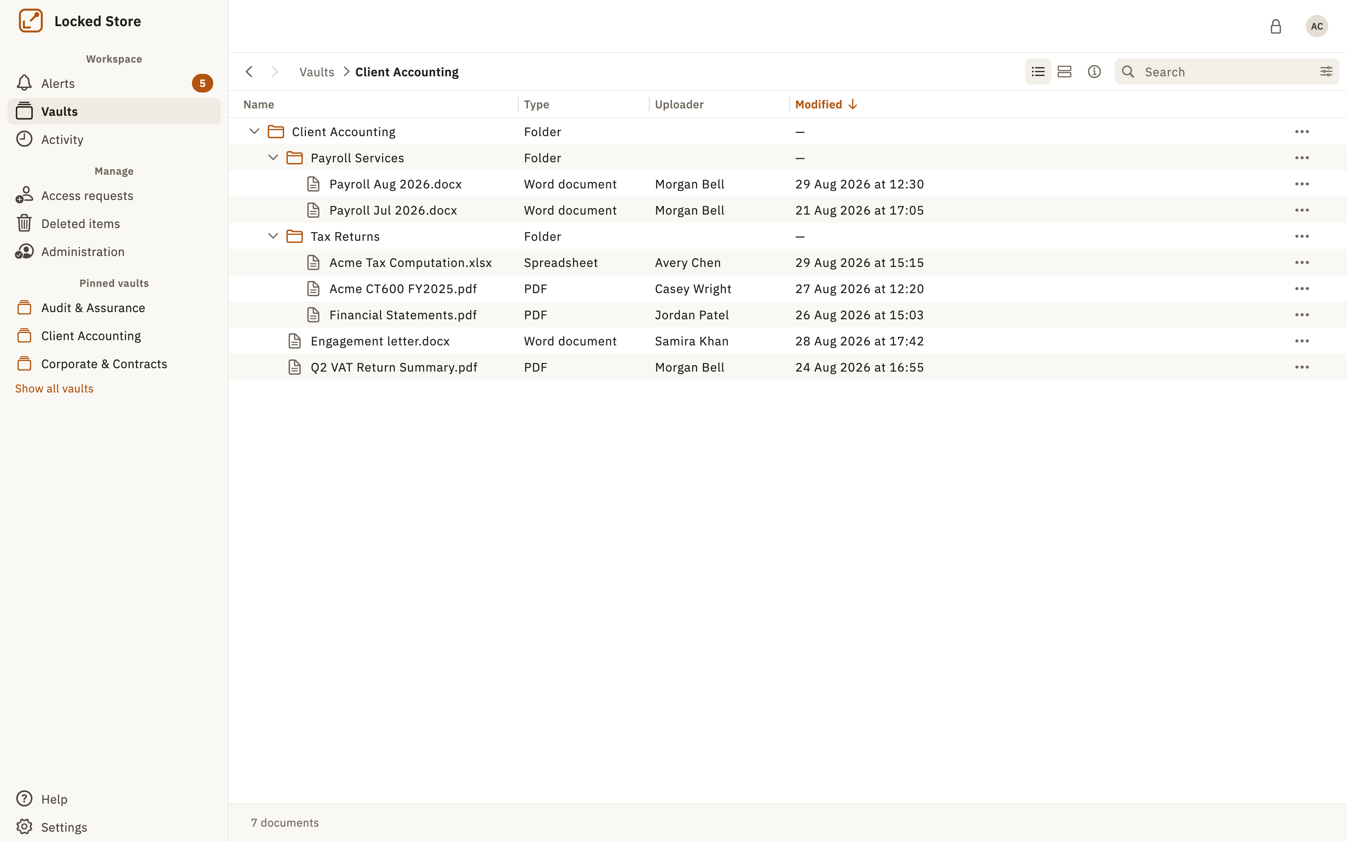 Locked Store desktop app showing the files and folders inside a vault.