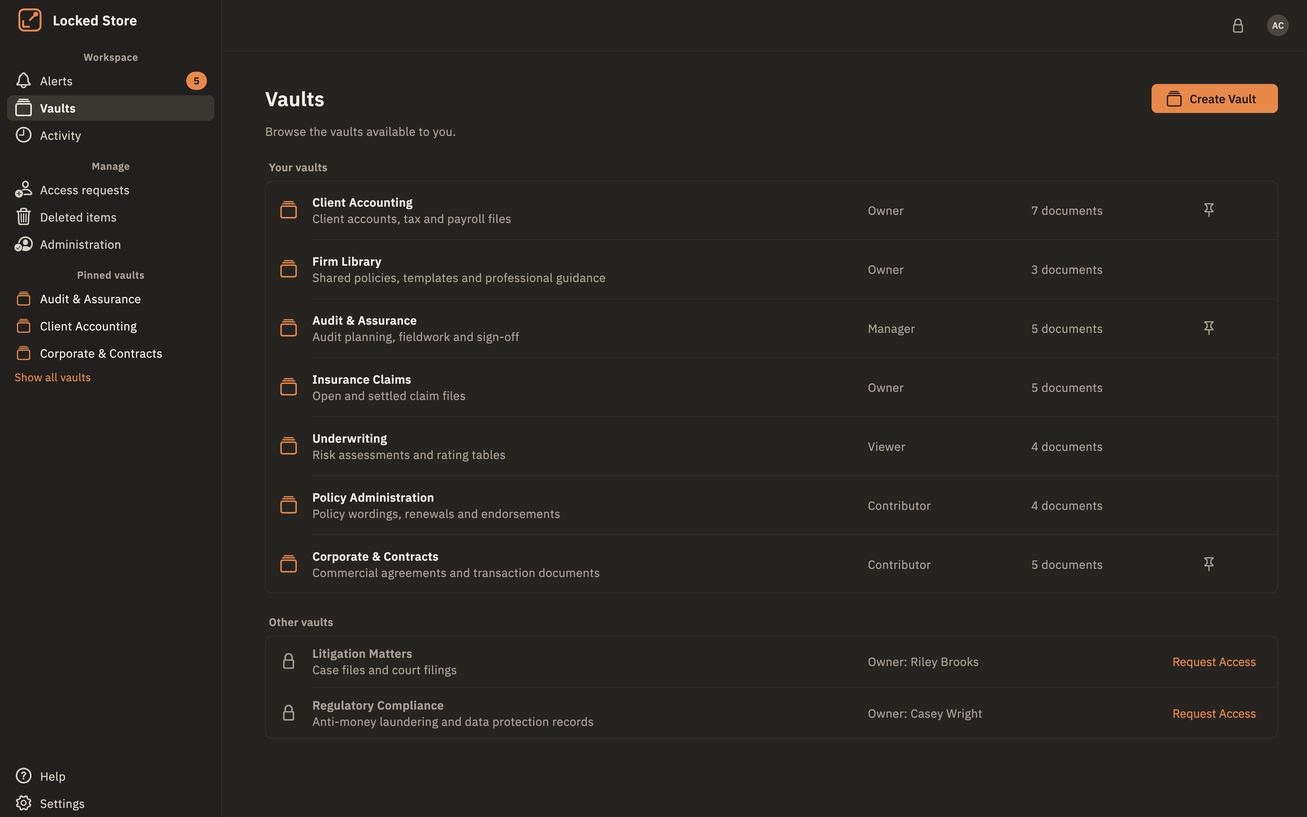 Locked Store desktop app showing the list of vaults.
