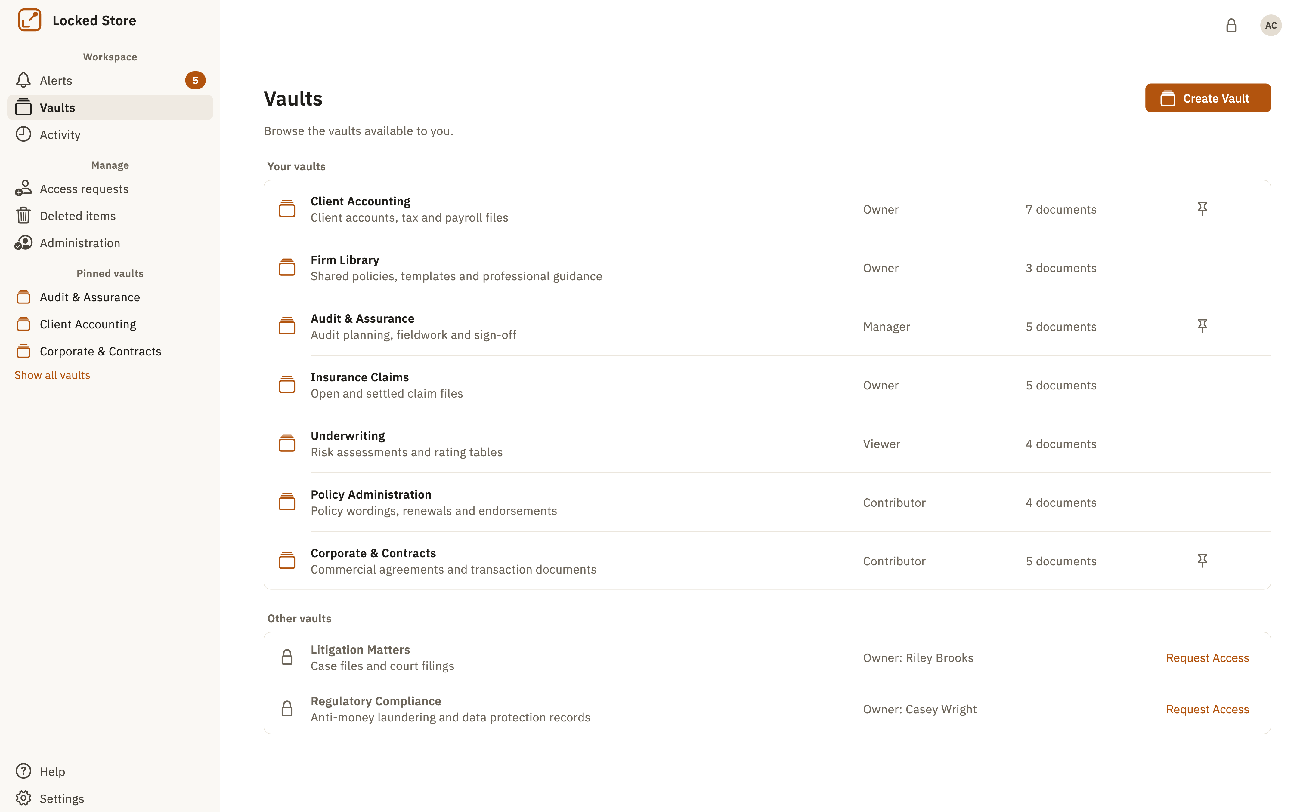 Locked Store desktop app showing the list of vaults.