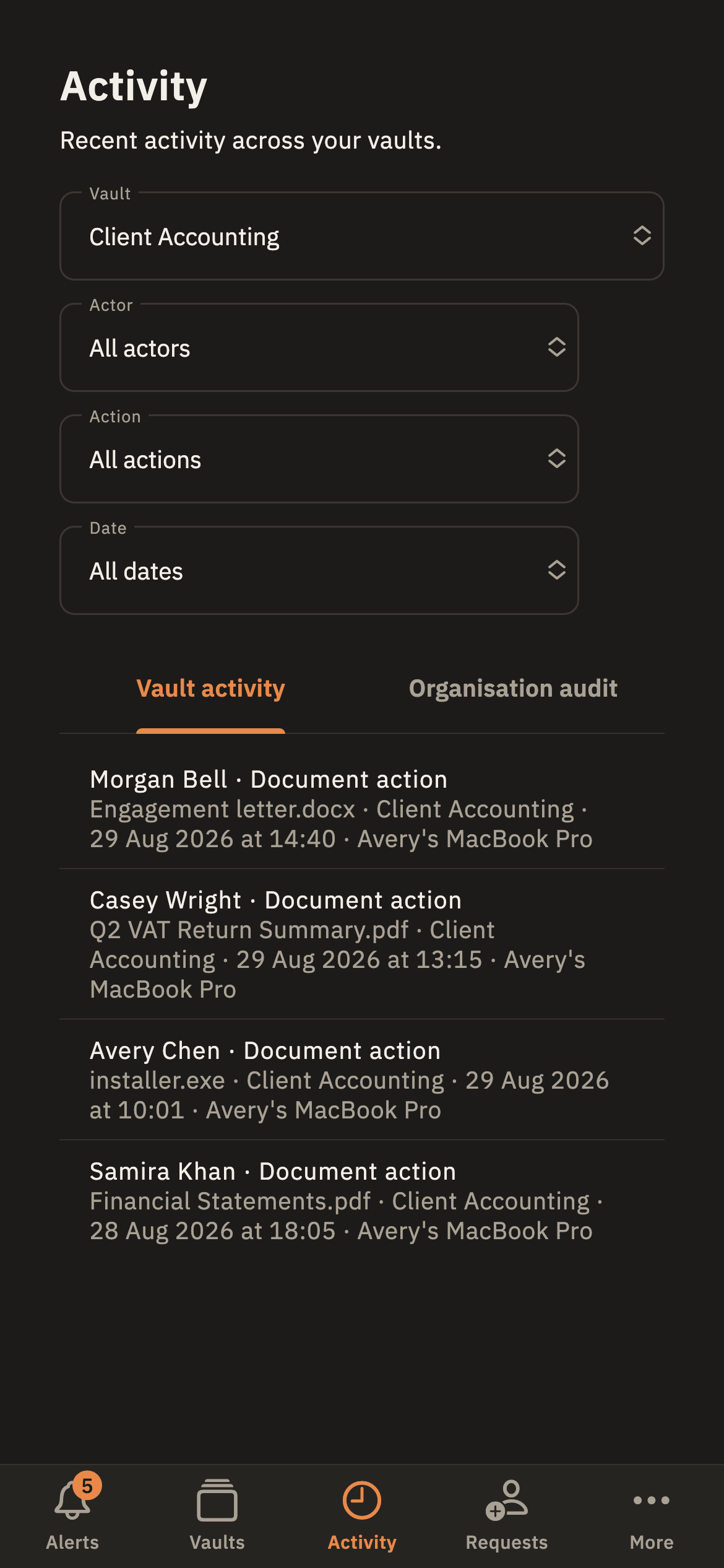 Locked Store iPhone app showing recent vault activity.