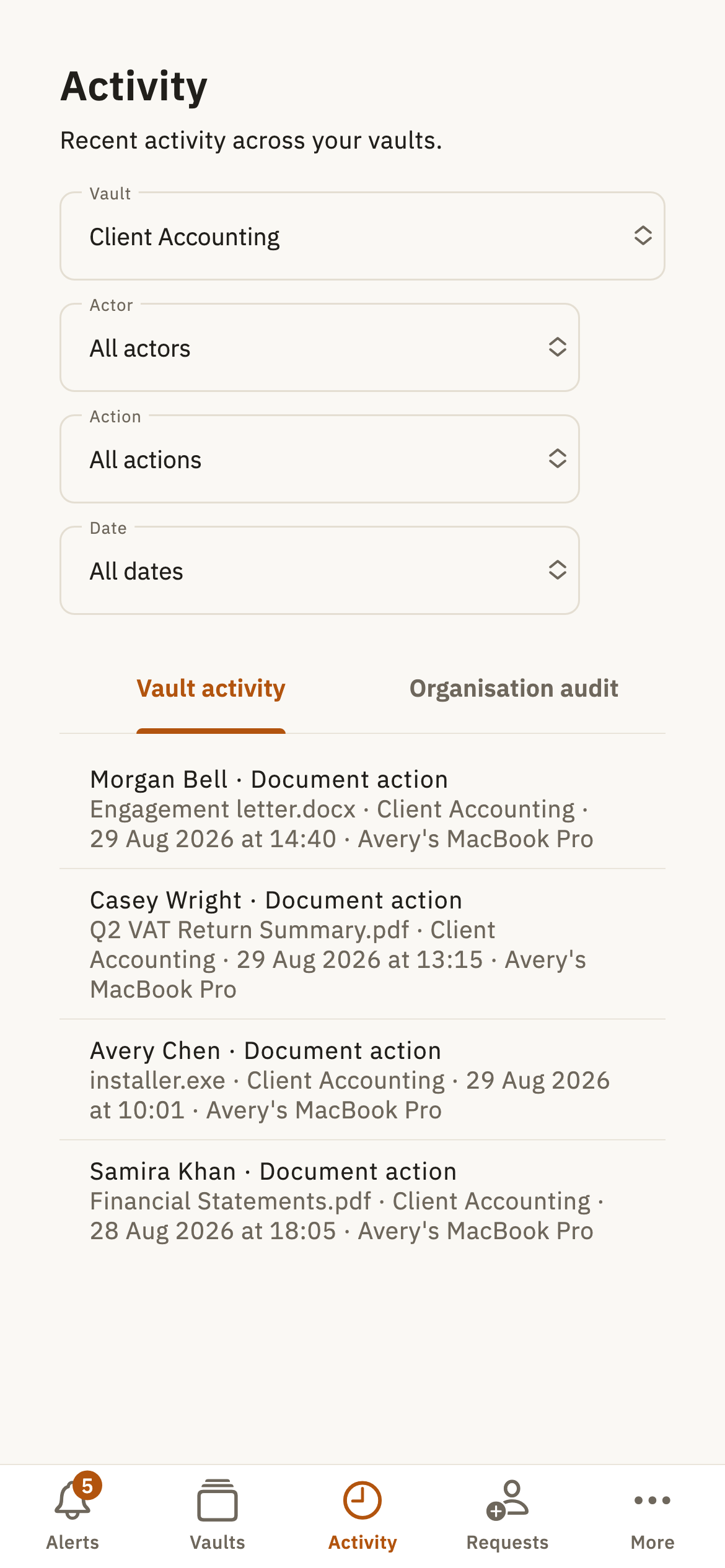 Locked Store iPhone app showing recent vault activity.