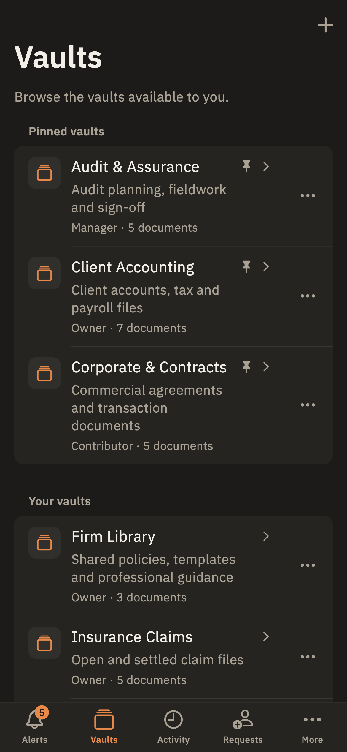 Locked Store iPhone app showing the list of vaults.